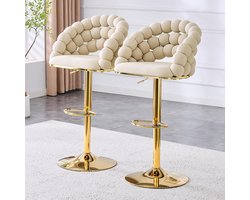 Pugsdrly Set van 2 crèmekleurige fluwelen barkrukken – rugleuning met kettingen, verstelbare gouden poten, elegant voor keukeneiland, bar en eethoek