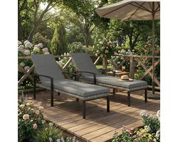 Pugsdrly Set van 2 ligstoelen polyrotan tuinligstoel met 5-voudig verstelbare rugleuning kussen tot 120 kg lichtgrijs