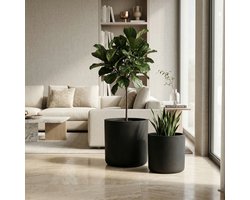Pugsdrly Set van 2 ronde betonnen plantenbakken, grote handgemaakte rustieke decoratieve plantenpotten voor binnen en buiten met afwateringsgaten voor thuis, tuin en terras, 34 x 32 cm & 40 x 40 cm (zwart)
