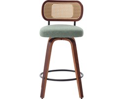 Pugsdrly Set van 3 draaibare barkrukken van 26", SW3766BG, barkrukken met rugleuning van gebogen walnoothout en rotan, groene linnen beklede zitting met metalen voetsteun, mid-century krukken voor keukeneiland en bar, DE3766OL