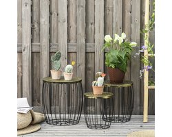 Pugsdrly Set van 3 salontafels/bijzettafels Tuintafel Retro metalen mand Draadmand Tuinset Tuinmeubelen Outdoor Balkon Metaal Naturel+Zwart 3 maten