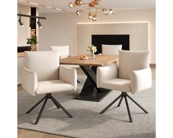 Pugsdrly Set van 4 eetkamerstoelen, gestoffeerde stoel met 4 metalen poten, 360° draaibare stoel, salon- of slaapkamerstoel, bureaustoel, lendensteun, fluweel, beige
