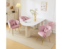 Pugsdrly Set van 4 moderne fluwelen salonstoelen, badkamerstoelen, gestoffeerde stoelen met bloembladvormige rugleuning, goudkleurige metalen poten en vlindervormige kussens voor de slaapkamer-eetkamer