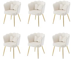 Pugsdrly Set van 6 moderne fluwelen salonstoelen, badkamerstoelen, gestoffeerde stoelen met bloembladvormige rugleuning, gouden metalen poten en vlinderkussens voor de slaapkamer-eetkamer