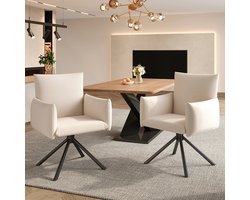 Pugsdrly Set van twee eetkamerstoelen, gestoffeerde stoel met 4 metalen poten, 360° draaibare stoel, salonstoel, slaapkamerstoel, bureaustoel, lendensteun, linnen, beige
