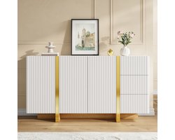 Pugsdrly Sideboard, verticaal geribbeld front, 3 draaideuren, 3 lades, gouden sierlijsten, plint in houtlook, gedempte scharnieren, opbergkast, halmeubel, eetkamerkast, woonkamerkast,