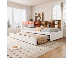 Pugsdrly Slaapbank 90*200, uitschuifbed 90*190, uitgerust met ledlampen, stopcontacten en talrijke opbergvakken, gestoffeerd bed, multifunctionele slaapbank, eenpersoonsbed, flanel, beige.