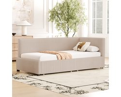 Pugsdrly Slaapbank met bekleding 90*200 Multifunctioneel bed met 2 grote opberglades en lattenbodem, huidvriendelijke fluweelstof beige