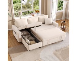 Pugsdrly Slaapbank met slaapfunctie, L-bank, slaapbank met chaise longue en opbergruimte, met opbergruimte voor tassen, slaapbank voor de woonkamer, chaise longue links en rechts verwisselbaar. Beige.