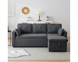 Pugsdrly Slaapbank met slaapfunctie, L-vormige bank, modern design, gestoffeerd meubel, bank, loungestoel met opbergruimte, met bekerhouders, slaapbank voor in de woonkamer, links en rechts verwisselbaar