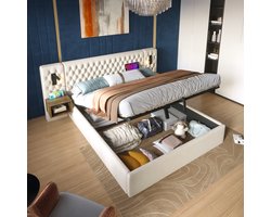 Pugsdrly Slaapkamer complete set, gestoffeerd bed met hydraulisch opbergbed, tweepersoonsbed 180×200 cm met 2 nachtkastjes, hoofdeinde met leeslampje en USB-oplaadfunctie - 261×210×105 cm, beige, fluweel (zonder matras)