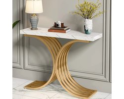Pugsdrly Smalle console, bijzettafel met goudkleurig metalen frame, 100 x 30 x 80 cm Haltafel, kleine displaytafel, salontafel voor kleine ruimtes, voor de hal, gang, woonkamer (wit en goud)