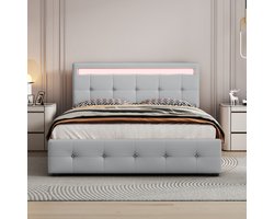 Pugsdrly stapelbed 140 x 200 cm met led, lattenbodem en bedbak op wieltjes, eenpersoonsbed met hoofdeinde en 4 lades, huidvriendelijk linnen oppervlak kinderbed jeugdbed logeerbed, grijs (zonder matras)