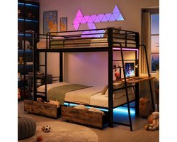 Pugsdrly Stapelbed 140 x 200 cm met metalen frame, hoogslaper met bureau en 2 lades, LED-strip die synchroon loopt met muziek, stopcontact, hekwerk en ladder, draagvermogen 250 kg, zwart