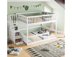 Pugsdrly Stapelbed 140 x 200 Kinderbed met veiligheidsladder en lades, wit houten eenpersoonsbed met opbergruimte voor kinderen en tieners