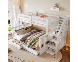 Pugsdrly Stapelbed 90 x 200 en 140 x 200 met lades, opbergruimte, zonder matras, multifunctioneel, wit