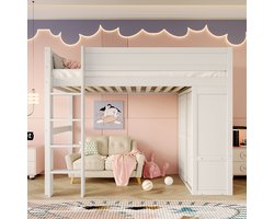 Pugsdrly Stapelbed 90*200 cm, multifunctioneel kinderbed, voorzien van een kast, een opbergvak, een open opbergruimte onder het bed, zonder matras, grenenhout, wit