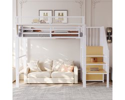 Pugsdrly Stapelbed 90x200 met veiligheidsladder en flexibel opbergvak, metalen bed voor volwassenen, stapelbed voor kinderen, wit