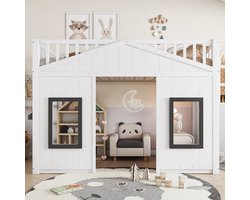 Pugsdrly Stapelbed, huisbed, met trap, met valbeveiliging en veiligheidsbeugel, kinderbed met raam, vrijstaand onderbed, grenen frame, grenen + MDF, wit