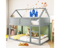 Pugsdrly Stapelbed voor kinderen, 90 * 200 cm, laag stapelbed, hoogslaper met trap, massief houten frame, grijs.