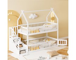 Pugsdrly Stapelbed voor kinderen 90 x 200 Massief houten bed met dak, veiligheidsladder en opberglades, opbergruimte Eenpersoonsbed wit