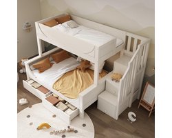 Pugsdrly Stapelbed voor kinderen met ladder en lades, elegant ontwerp in de vorm van een slee, houten bed met veiligheidshek en lattenbodem, tweepersoonsbed 90 x 200 cm boven, 140 x 200 cm onder, wit (zonder matras)