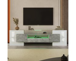 Pugsdrly Stijlvolle tv-kast, lowboard. Hoogglans wit + grijs, 200 cm, led-verlichting, woonkamermeubels. Modern design. Elegant glazen oppervlak.