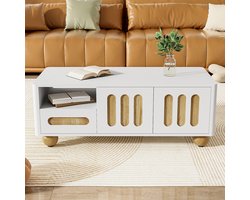 Pugsdrly Tafel Bijzettafel met 4 deuren 2 lades en open vak LED verlichting Afgeronde hoeken tafelpoten Wit en houten look