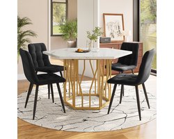 Pugsdrly Tafel- en stoelset (5-delige set), moderne zeshoekige eettafel van marmer + 4 eetkamerstoelen van zwart fluweel voor een gezellig en modern restaurant, gouden tafelpoten
