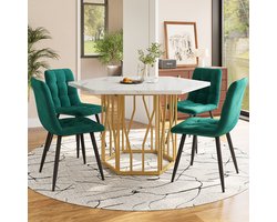 Pugsdrly Tafel- en stoelset (5 stuks), moderne zeshoekige marmeren eettafel + 4 eetkamerstoelen van groen fluweel voor een gezellig en modern restaurant, gouden tafelpoten