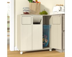 Pugsdrly Trash Cabinet, afvalbak met 3 vakken, verrijdbare keukenkast in licht houten look, 3-deurs afvalbak met witte wieltjes, voor keuken & eetkamer, 69,3x35x80cm