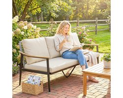 Pugsdrly Tuinbank 3-zits rotan loungebank met afneembare kussens, armleuningen in houtlook, stalen frame, kaki