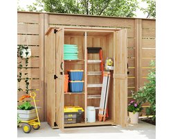 Pugsdrly Tuinberging, houten schuur voor gereedschap en tuingereedschap, asfalten dak, dubbele deuren, vurenhout, lichtbruin