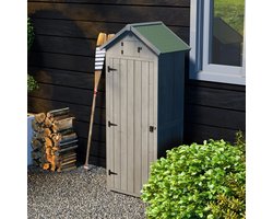 Pugsdrly Tuinkast van hout, gereedschapsschuur weerbestendig 77x54,2x179cm, gereedschapsschuur met deur, zadeldak, gereedschapskast met planken, gereedschapskast tuinhuisje voor tuin, terras, grijs+groen