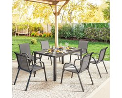 Pugsdrly Tuinmeubelset, 7-delige zitgroep met tafel en 6 ademende stapelstoelen met lamellenontwerp, lichtgrijs