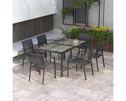 Pugsdrly Tuinmeubelset Tuinset, 1 tafel, 6 stoelen, 150 x 87 x 72 cm, grijs