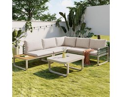 Pugsdrly Tuinset (4-5 zitplaatsen), tuinmeubelset van rotan en groen leer, moderne buitenbankenset met alle zit- en rugkussens, balkon-, tuin- en terrasmeubelset, abrikoos