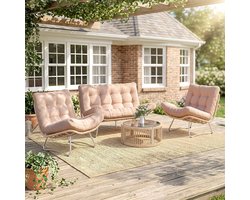 Pugsdrly Tuinset 4-delig polyrotan loungeset met tweezitsbank, 2 fauteuils, glazen tafel, brede & diepe zitting, dikke kussens