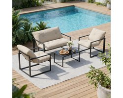 Pugsdrly Tuinsets, 1 glazen tafel, 2 fauteuils, 1 bank, weerbestendig, 114 cm x 70 cm x 67 cm, grijs + beige