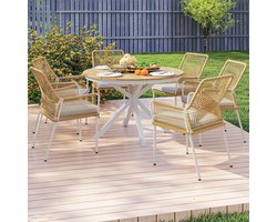 Pugsdrly Tuintafel Ø118 cm, weerbestendige balkontafel van aluminium, bijzettafel met kruisvormige poten en lattenpatroon in teakhoutlook