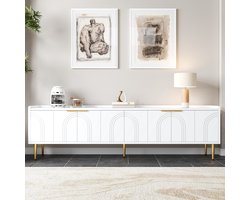 Pugsdrly TV-kast, lowboard met gestructureerde deur, tv-meubel, gouden handgrepen en gouden poten, 170 L x 35 B x 47,5 H (cm)