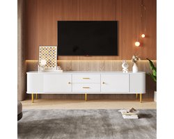 Pugsdrly tv-kast met lades, afgeronde hoeken, tv-kast voor in de woonkamer met golvende zijkanten, gouden handgrepen en poten