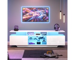 Pugsdrly TV-meubel 160*40*45 cm, TV-meubel met 2 kasten, woonkamermeubel, glanzend TV-meubel met LED-lichtstrip, modern TV-meubel met 8 planken, MDF, 70 inch tv
