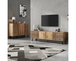 Pugsdrly TV-meubel (180 × 40 × 55 cm) en dressoir (150 × 40 × 95 cm) in natuurlijk hout - 8 vakken en 6 kastjes, geïntegreerde deuren, stabiel, geschikt voor woon- en slaapkamer