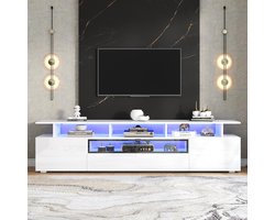 Pugsdrly TV-meubel 180*38*45 cm, glanzende tv-steun, tv-meubel met 2 kasten en 1 lade, laag meubel met LED en 10 planken, staand woonkamermeubel, geschikt voor tv's van ongeveer 75 inch