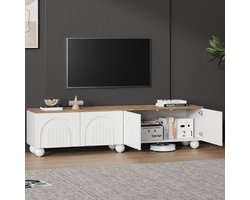 Pugsdrly TV-meubel 180*40*45 cm met 4 kasten, tv-steun en tv-meubel met 6 bolvormige metalen poten, laag meubel en tv-tafel, tv-meubel en tv-commode Geschikt voor 80 inch tv's, kleur hout + wit