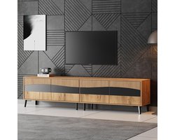 Pugsdrly TV-meubel 180*40*50 cm, houtkleurig + zwarte tv-steun, tv-meubel met 4 kasten, woonkamermeubel met 8 steunpoten, aanbevolen draagvermogen 30 kg, symmetrisch ontwerp, laag meubel