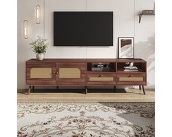 Pugsdrly TV-meubel 200*37*49,5 cm voor 80 inch tv met 2 rotan deuren, 2 lades, laag meubel met 8 poten, modern multimedia-centrum in bruin