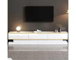 Pugsdrly TV-meubel 200*40*40 cm, laag meubel met 3 lades, glanzend TV-meubel, woonkamermeubel met veel opbergruimte, warm wit tv-tafeltje met gouden rand, TV-meubel op poten