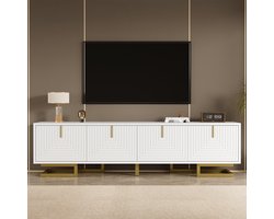 Pugsdrly TV-meubel, laag meubel met gestructureerde deuren, TV-meubel, gouden handgrepen en gouden poten